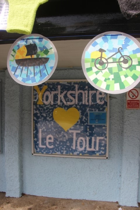 Picture of Bus Stop decorated with artwork from school children